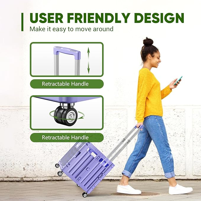 Folding Utility Cart with Lid, Portable Rolling Crate Handcart Collapsible Shopping Trolley, Durable Plastic Foldable Tool Basket with 4 Rotate Wheels for Grocery, Office, Luggage, School - Purple