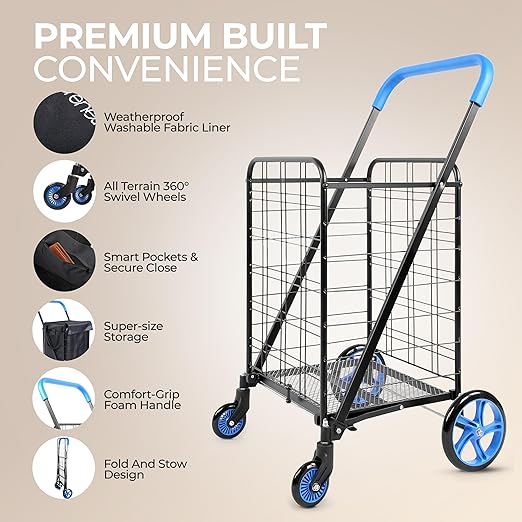 SereneLife Small Compact Folding Shopping Cart with Removable Waterproof Liner – 360° Swivel Wheels, Rust‑Proof Steel Frame, 70 lb Capacity – Portable Grocery, Laundry & Travel Cart (Blue)