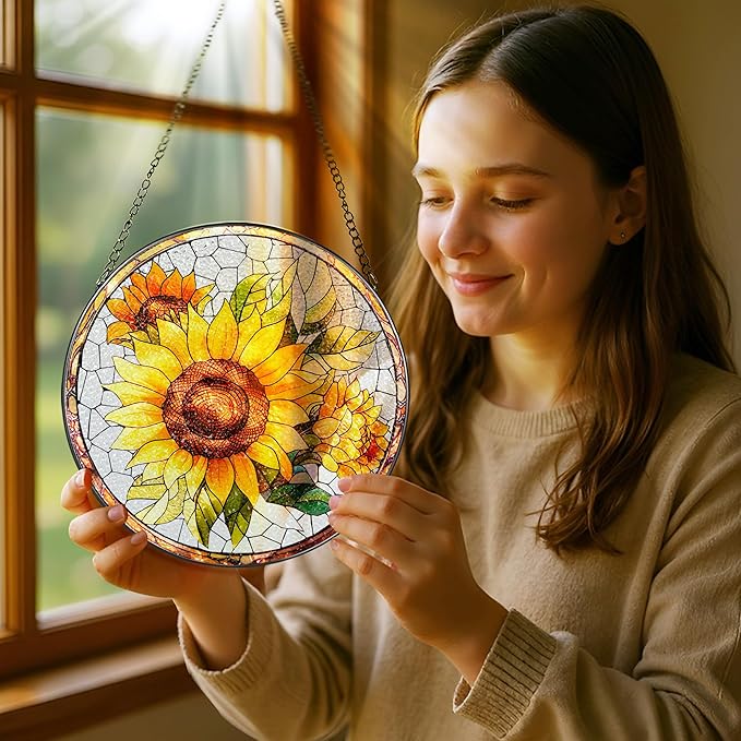 8-Inch Stained Glass Ornament, Stained Glass Window Hanging, Suncatcher Window Hanging, Home Decor, Sunflower Ornament | Mother's Day, Christmas, Birthday | Gifts for Flower Lovers, Mom & Friend
