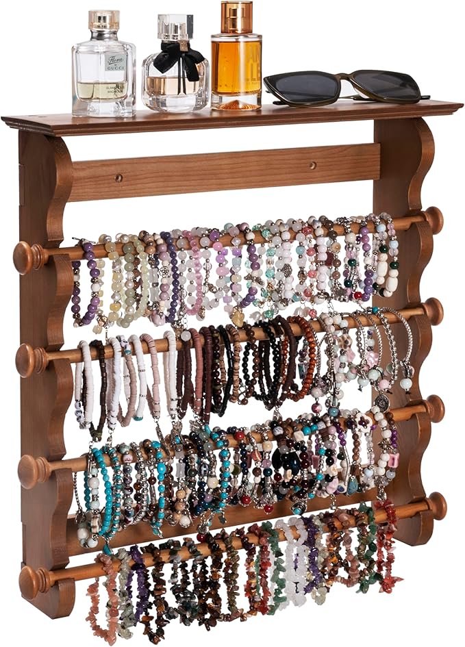 Donmills 4-Tier Wall-Mounted Wooden Bracelet Holder – Brown Jewelry Display Rack with Top Shelf for Perfume, Sunglasses & Accessories – Hanging Organizer for Bracelets, Bangles, Watches & Necklaces
