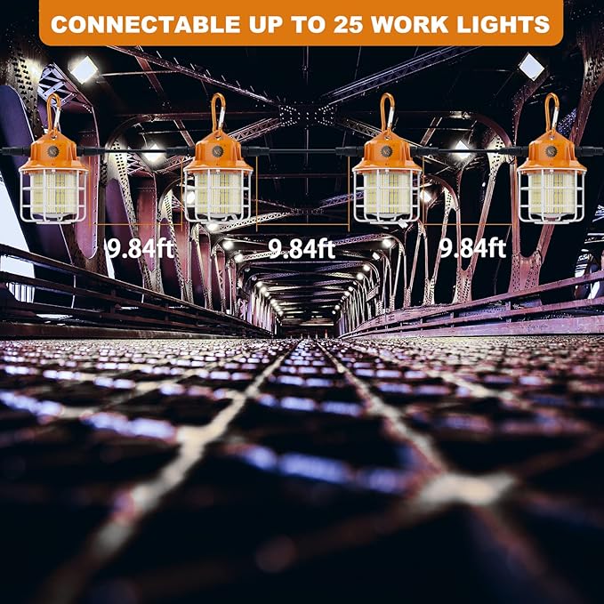 60W Led Temporary Work Light 8700 Lumens 5000K Construction Lights with Stainless Steel Protective Cover and Hook for Indoor Outdoor Connectable Portable Light High Bay Workshop Garage