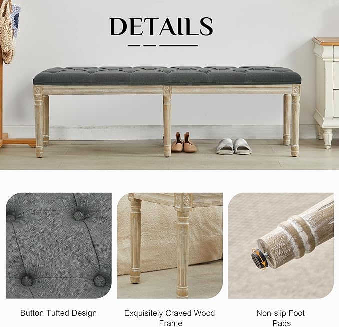 LOULENS 57.7" Linen Fabric End of Bed Bench, French Upholstered Button Tufted Bench for Bedroom End of Bed, Window Seat with Carved Wood Legs for Bedroom, Living Room, Entryway, Dark Grey