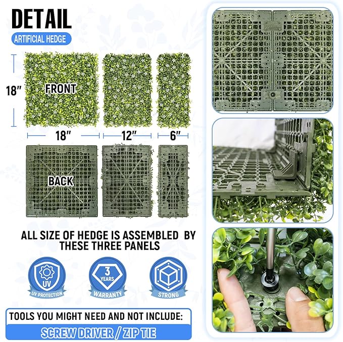 E&K 180" Wx36 Hx12 D Artificial Boxwood Hedge Wall with White Flowers, Artificial Outdoor Privacy Wall for Balcony Backyard Office, Indoor Divider Freestanding Greenery Backdrop
