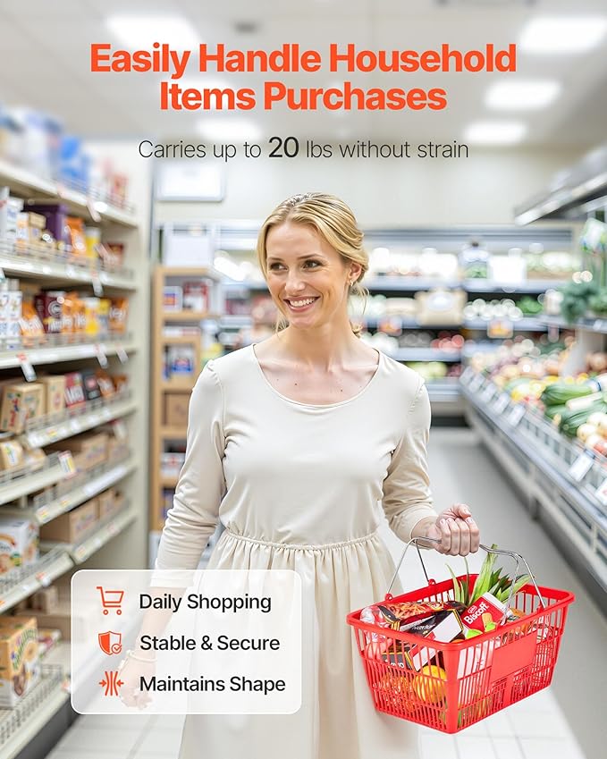 VEVOR Shopping Baskets, 12 PCS, 21L Stackable PE Plastic Grocery Baskets with Metal Handles, Dense Mesh Structure, Holds up to 20 lbs, Portable for Grocery, Retail, Stores, Supermarket, Home Use, Red