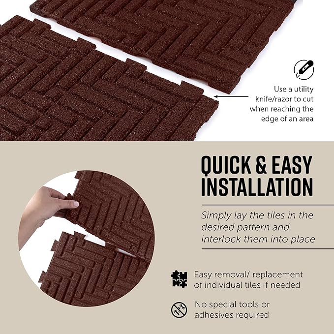 Playsafer Herringbone Rubber Interlocking Tiles | 16 X 16 | Easy Install for Indoor and Outdoor Use (Red, 20 Tiles)