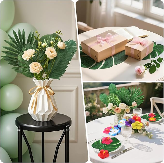142Pcs Luau Party Decorations Fake Plant Palm Leave Monstera With Stems Hibiscus Flowers Artificial Tropical Leaves for Hawaiian Luau Safari Jungle Beach Wedding Birthday Theme Party Table Decorations