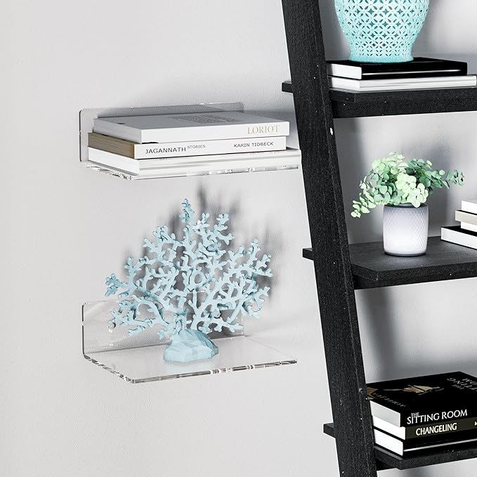 9 Inches Acrylic Wall Shelves 2 Pack, Floating Shelf for Wall Mounting, Acrylic Display Ledges for Funko Pop Figures, Home Décor, Living Room, Gaming Room, Plants(9 inch, Clear)