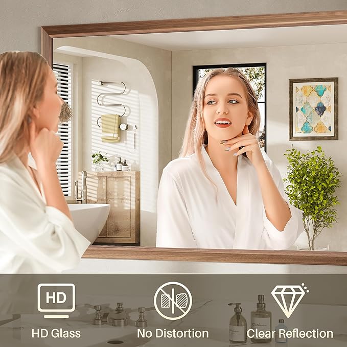 48x30 Inch Bathroom Mirror for Wall, Anti-Rust Walnut Wood Grain Metal Framed Bathroom Mirrors for Over Sink,Rectangler Mirrors for Bathroom Vanity, Farmhouse, Bedroom, Living Room, Entryway Decor
