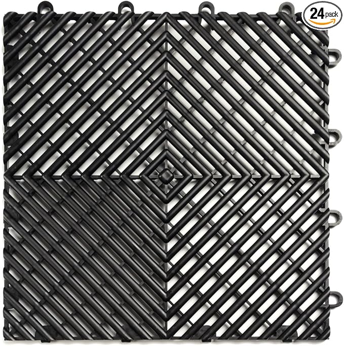 Big Floors RaceDeck Free-Flow Interlocking Garage Flooring Tiles, Non-Slip, Self-Draining, Heavy-Duty, High-Impact Copolymer, Easy Install (Black, 24 Pack of 12 x 12" Tiles)