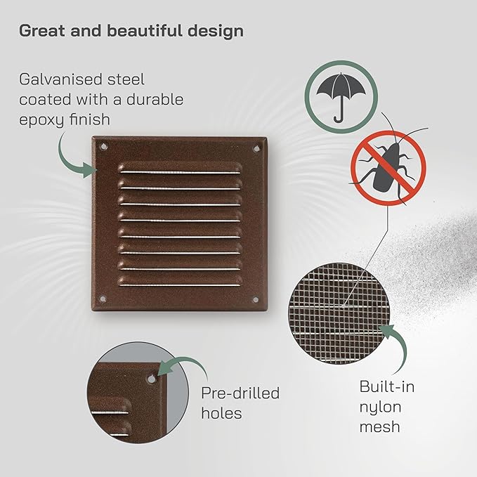 Vent Systems - 5 x 5 Inch (Inner) Brown Metal Square Soffit Air Vent Grille Cover, Register Vent Deflector Louver Built-in Mesh HVAC for Bathroom Home Office Kitchen 6.5" x 6.5" (Outer)