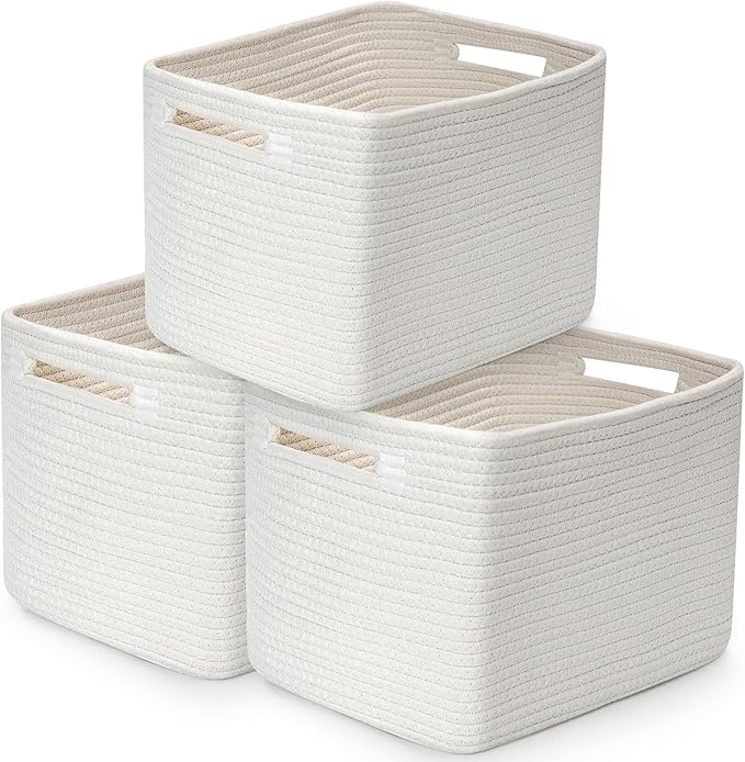 3 Pack Shelf Woven Storage Basket, 15 x 10 x 9” Closet Rope Baskets For Organizing, Square Bins with Handles, White