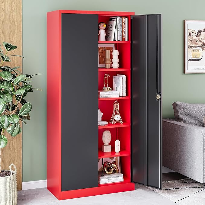 72 Inch Metal Cabinet,Lockable Storage Cabinet with 2 Doors and 5 Adjustbale Shelves,Tall Tool Cabinet Cabinet for Garage,Basement,Home Office,Gym(Red & Black)