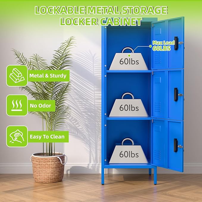 Aobabo 16" W 3 Door Metal Storage Locker with Lock, 47" H Steel Locker with Name Card Holder and Metal Leg for School, Home, Office, Playroom, Assembly Required, Blue