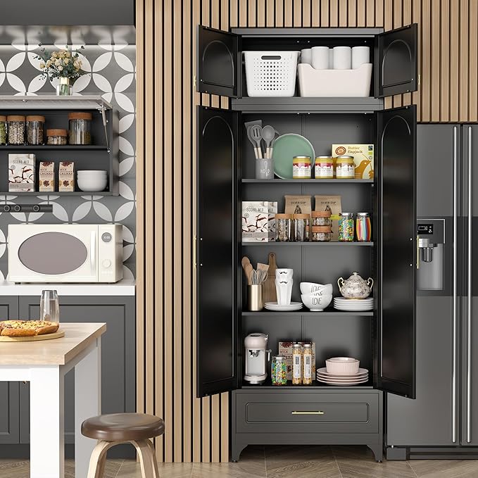 Kitchen Pantry Cabinet，90" Storage Cabinets with Doors and Shelves,Metal Pantry Cabinet with Drawers,White Kitchen Cupboard for Livingroom,Pantry, Bathroom