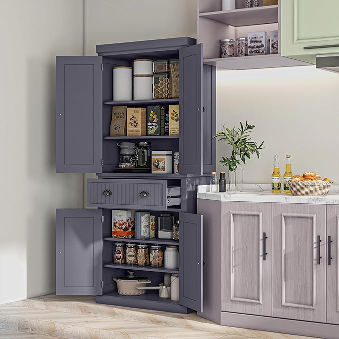 HOMCOM 72" Traditional Kitchen Pantry Cabinet, Freestanding Tall Storage Cabinet with 4 Doors, Drawer and 3 Adjustable Shelves for Dining Room, Navy Blue