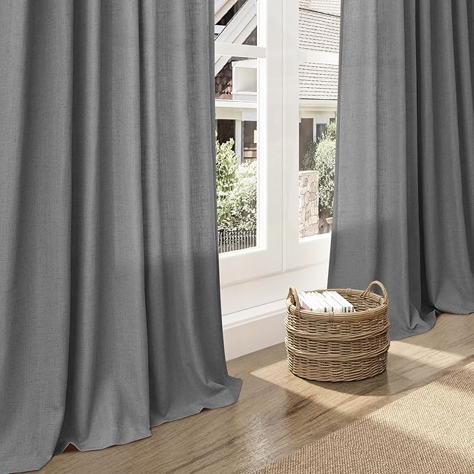 Dark Gery Linen Extra Long Curtain 108 Inches Long 2 Panels Set Back Tab Drapes for Bedroom Lively Farmhouse Light Filtering Semi Sheer Linen Curtains 108 Inch Length for Large Window 52x108