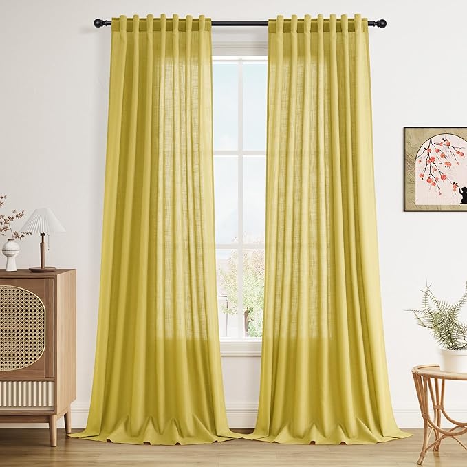 Celery Yellow Curtains 96 Inch Long 2 Panels Set Back Tab Rod Pocket Linen Blend Textured Semi Sheer Light Filtering Boho Decor Curtains Aesthetic Room Decor for Bedroom and Living Room 8Ft 52x96 Inch