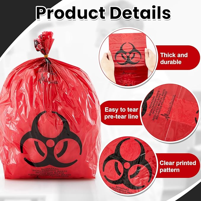 Geiserailie 200 Pcs 10 Roll 14.5" x 19" Biohazard Waste Bags 3 Gallon Infectious Red Trash Liner No Leak Hazardous Waste Containers with Hazard Symbol for Medical Waste Disposal Safe Hospital Supplies