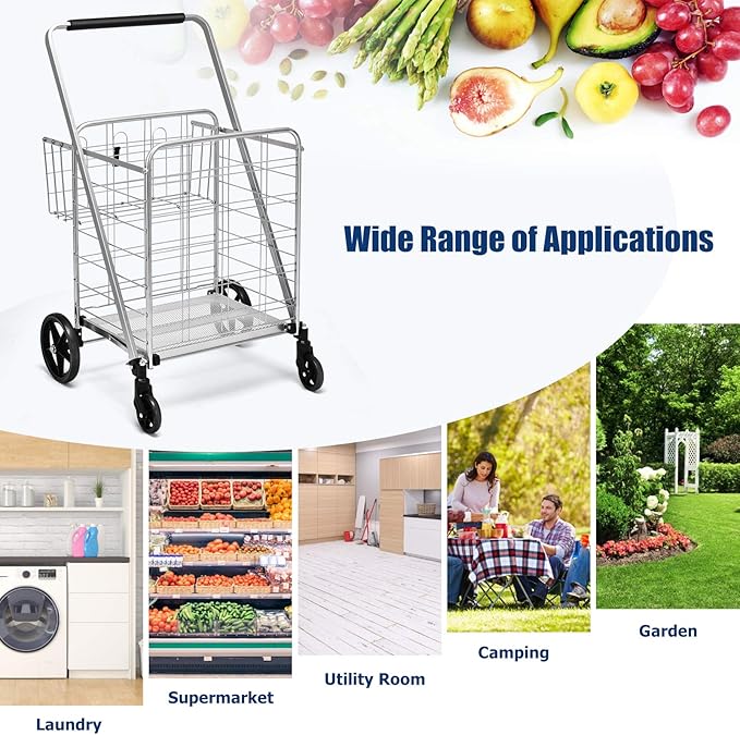 Goplus Folding Shopping Cart, Jumbo Double Basket Utility Grocery Cart 330lbs Capacity with 360° Rolling Swivel Wheels, Portable Heavy Duty Cart for Laundry Shopping Grocery