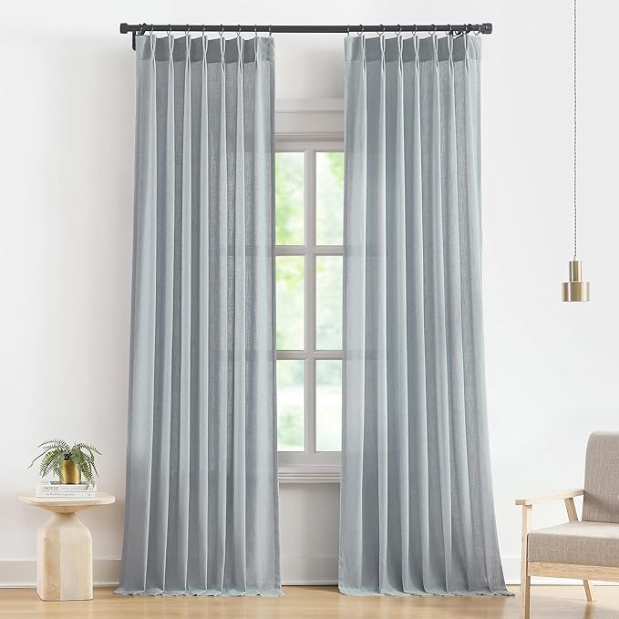 Vision Home Blue Fog Pinch Pleated Semi Sheer Curtains Textured Linen Blended Light Filtering Window Curtains 84 inch for Living Room Bedroom Pinch Pleat Drapes with Hooks 2 Panels 40" Wx84 L