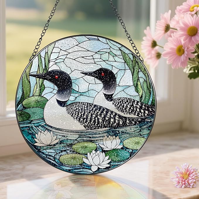 8-Inch Loon Birds Stained Glass Suncatcher Ornament, Stained Glass Window Hanging, Window Hanging Decor – Christmas, Birthday | Gifts for Bird Lover, Friend, Couples, Family | Holiday Decorations