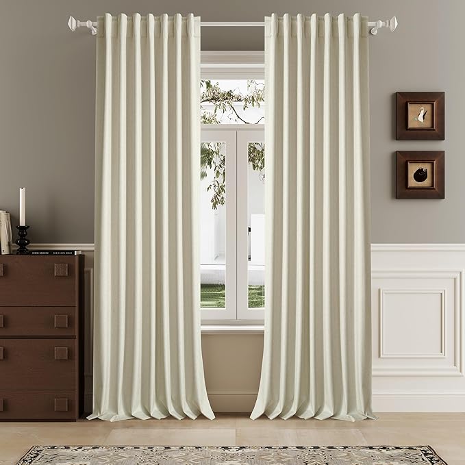 120 Inch Extra Long Linen Cream Beige Curtains Floor to Ceiling for Sliding Glass Doors 2 Panels, Flax Linen 100% Blackout Elegant Boho Thermal Curtains for Large Windows 10 FT Drapes,50 x 120 Inch