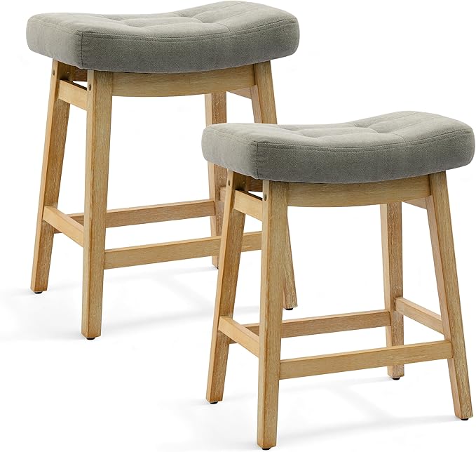 Counter Height Bar Stools Set of 2 for Kitchen Counter Farmhouse Modern Barstools with Upholstered Fabric Backless Seat and Solid Wood Legs 24 inch Bar Chairs, Grey + Wood Color