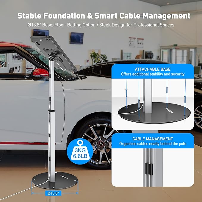 AboveTEK Anti Theft iPad Floor Stand, Robust Security Kiosk POS Tablet Stand, Height Adjustable Tablet Floor Stand w/Lock and Key Mechanism for 10.9-11" iPad & Galaxy Tab, Ideal for Retail Business