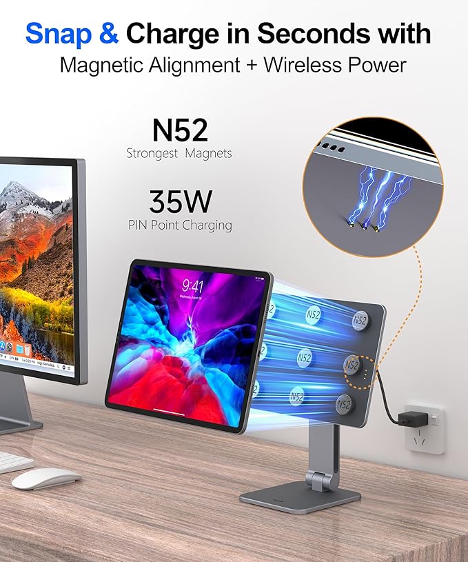 Magnetic iPad Stand with Wireless Charging, 35W Contact Fast Charger, Suction Cup Base, 360° Rotating Panel & Foldable, Compatible with iPad Pro11 M5 & M4 ONLY, Work & Study Desk - Gray