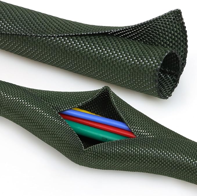 Split Braided Cable Sleeve，Flexible Wire Loom Tubing, Automotive Cord Protector Pet Proof, Cable Management for Computer TV Electric Wires Harness 16ft (Dark Green, 25mm（1")