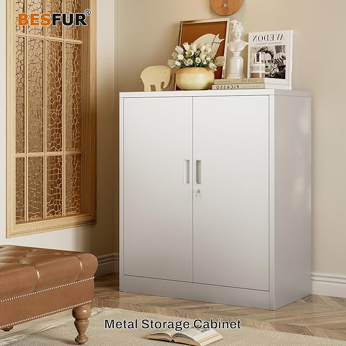 BESFUR Metal Storage Cabinet 36"H, Steel Garage Storage Cabinet with 2 Lockable Doors and 2 Adjustable Shelves, Garage Cabinet for Home Office, Garage,School, Apartment, Warehouse, Utility Room,White