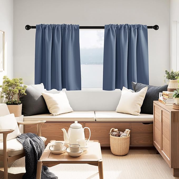 PONY DANCE Blue Haze Short Window Curtains for Kitchen 24 inch Long, 2 Panels Set Half Window Drapes for Bedroom Basement, Blackout Small Curtains for Travel Trailers, Width 29 x Length 24 inches