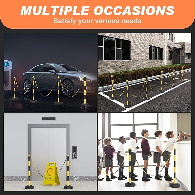 6 Pack Traffic Delineator Post Cones with Fillable Base, Adjustable Plastic Safety Barrier with 5Ft Plastic Chain, Outdoor and Indoor Crowd Control Stanchion for Traffic Control and Warning