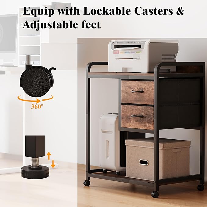 Large Printer Stand with 2 Fabric Drawers, Mobile Printer Table with Wheels and Computer Tower Slot for Home Office Storage and Organization, Rustic Brown (Rustic Brown)