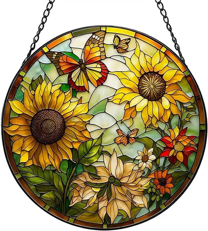 Stained Glass Window Hanging, Sunflower Sun Catcher Glass Panel with Metal Chain, 7.88’’ Indoor/Outdoor Art Decor for Home Garden, Women, Birthday, Christmas, Mother's Day