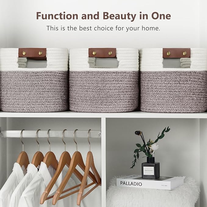 Cotton Rope Basket, Storage Baskets with Handle, 15x10x9 Inch Woven Basket for Shelves, Laundry, Towels, Clothes, Books (White Brown 1 Pack)