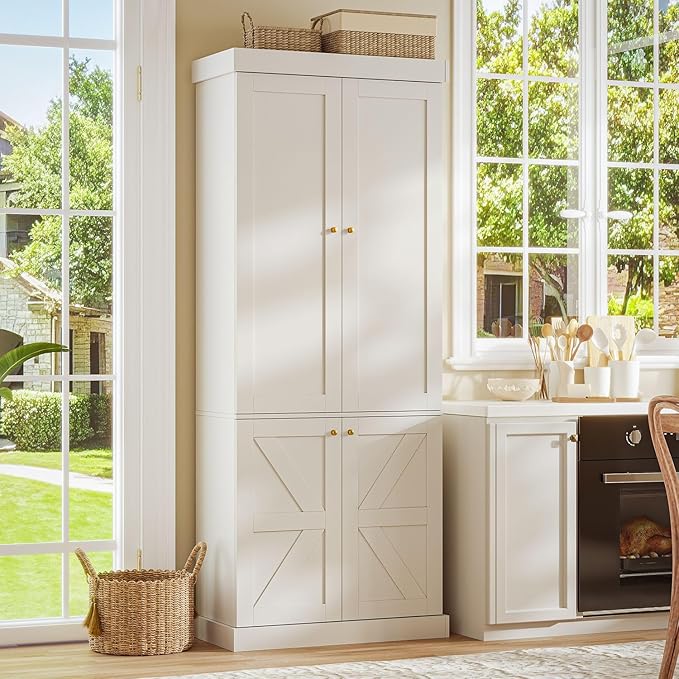 70.8" Tall Farmhouse Kitchen Pantry Cabinet with Doors, Modular Storage Cabinet with 4-Tier Adjustable Shelves, White, Wooden Hutch for Living Room, Kitchen, Set of 2
