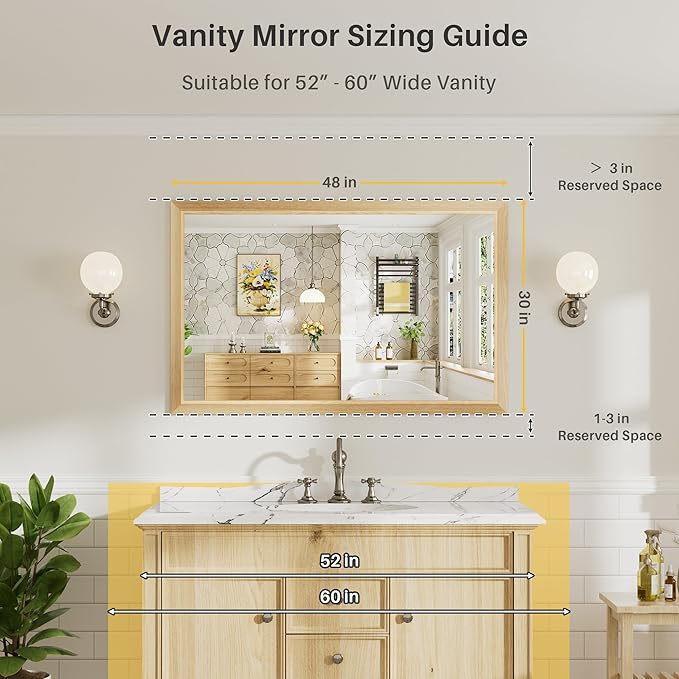 48x30 Inch Bathroom Mirror for Wall, Anti-Rust Oak Wood Grain Metal Framed Bathroom Mirrors for Over Sink,Rectangler Mirrors for Bathroom Vanity, Farmhouse, Bedroom, Living Room, Entryway Decor