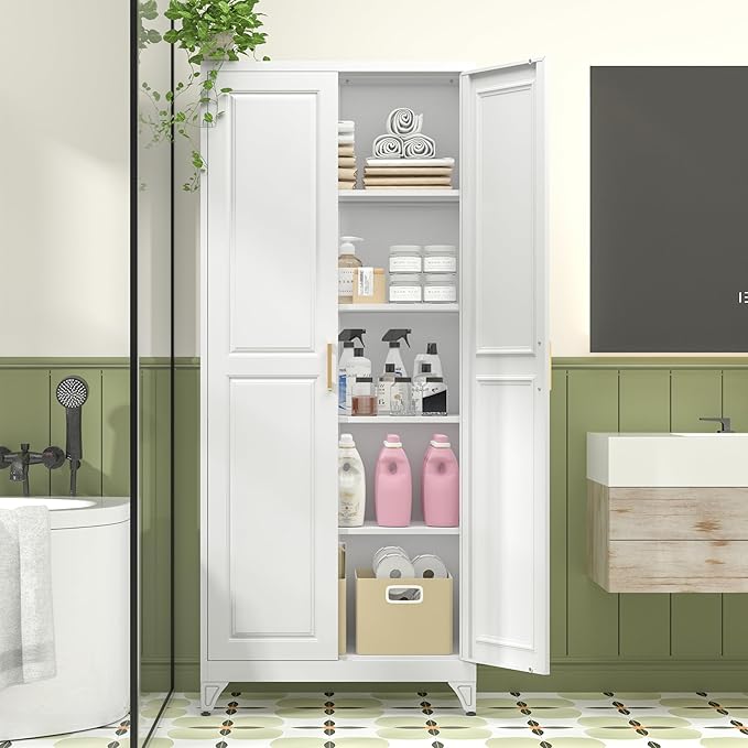 Kitchen Pantry Cabinet, 75" H Metal Storage Cabinet with Doors and Shelves, 4 Standing Feet, Cupboard for Kitchen, Dining, Living Room, 16" D x 32" W x 75" H, White, Assembly Required