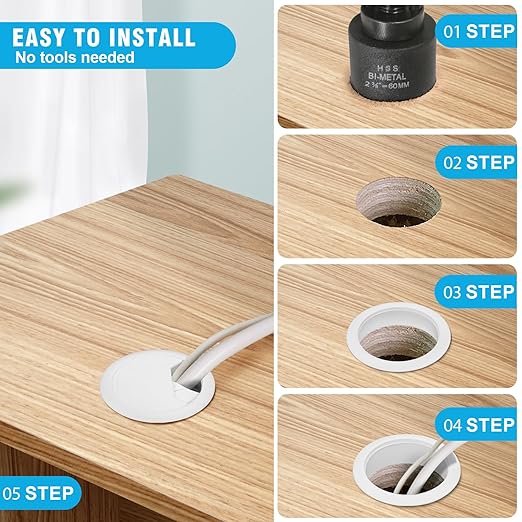 2-3/8" Spring Desk Grommet, JTemgle Plastic Cable Hole Cover with Hole Saw Computer Table Cord Wire Organizer Caps Desktop Cord Management for Home Office TV Stands Tabletops - White, 13 Pcs
