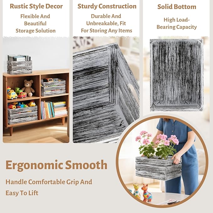 Set of 3 Wood Nesting Storage Crates with Handle(Large,Medium,Small), Farmhouse Decorative Wooden Crates for Display, Rustic Wood Baskets for Home Organization Decor (VintageBrown)