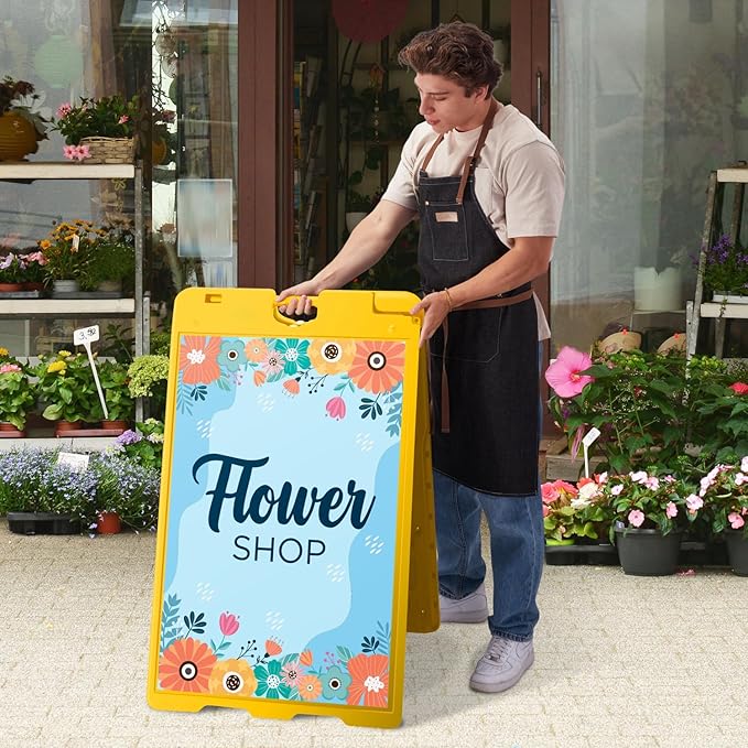 Jumbl Outdoor A-Frame Sandwich Signboard 24” x 36” Display Surface – w/PVC Sign Protector & Sand Fill Holes – Duel Display Signage Stand for Storefront Sidewalk Curb (Yellow)