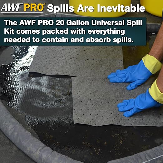 AWF PRO 20 Gallon Universal Spill Kit, 59 Pieces – 20 gal DOT Approved Drum, Socks, Pads & Pillows, & Accessories, Pack of 10