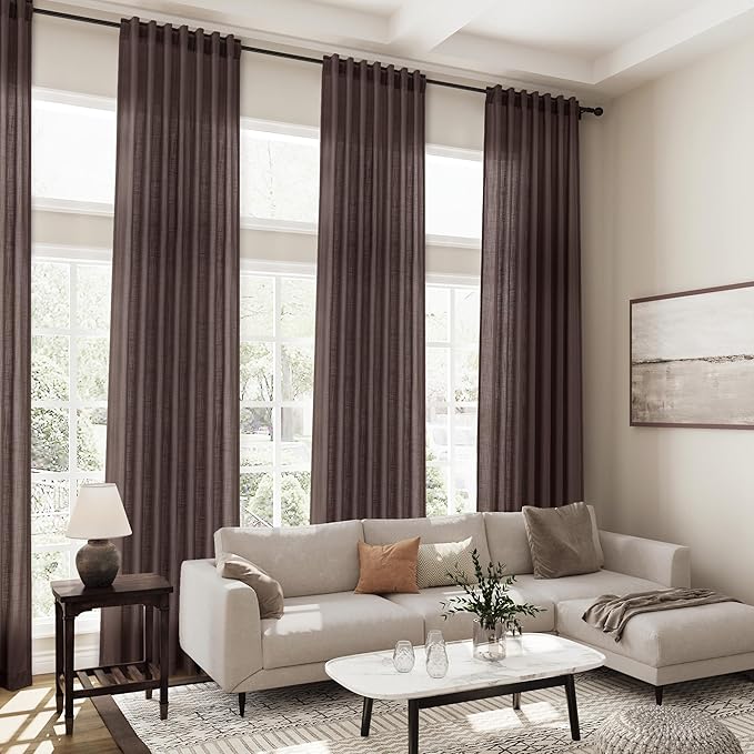 Coffee Semi Sheer Curtains 120 Inches Long 2 Panels Set Back Tab Loop Pocket Linen Blend Boho Large Window Curtain Extra Long Light Filtering Drapes High Ceiling Curtains for Living Room 52x120