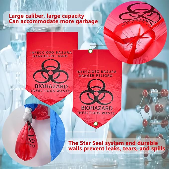 20 Count 24.4inx24.4in Biohazard Waste Bags, 10-Gallon Safe Infectious Waste Disposal Bags,Red Trash Liner,No Leak Bags, Medical Grade