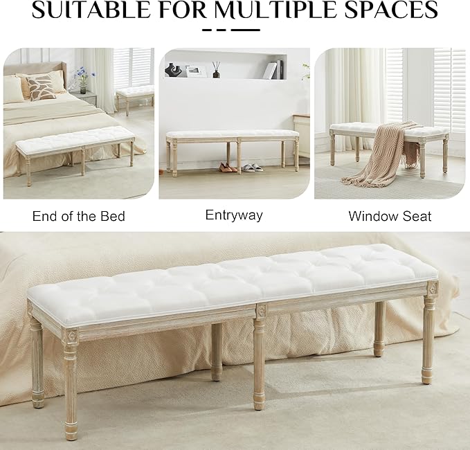 LOULENS 57.7" Linen Fabric End of Bed Bench King Size, French Upholstered Tufted Bench with Carved Wood Legs for Bedroom, Window Seat, Living Room, Entryway, White