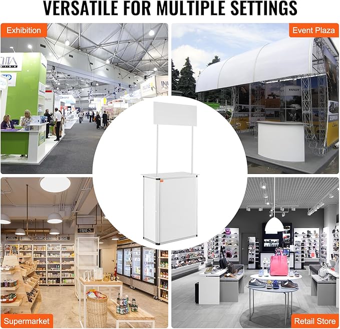 VEVOR Promotion Counter Table, Portable Tradeshow Podium Table, 30.91" x 14.96" x 71.46", Display Exhibition Counter Stand Booth Fair with Wall, Pop Up Podium with Storage Rack/Carrying Bag