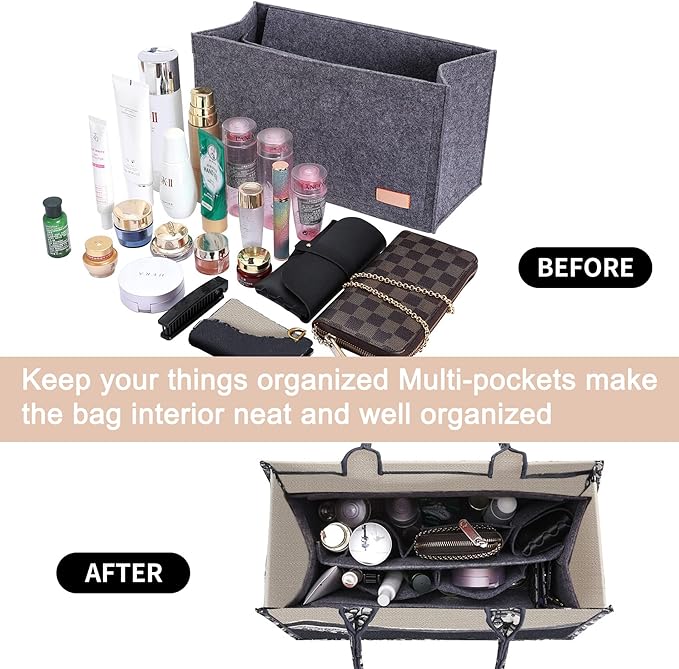 Doxo Purse Organizer Insert for Handbags, Felt Purse Organizer for Purse with 2 Sizes, Tote Bag Insert Compatible with D Large Book Tote Bags & Lv Onthego GM and More (Grey-With Cover)