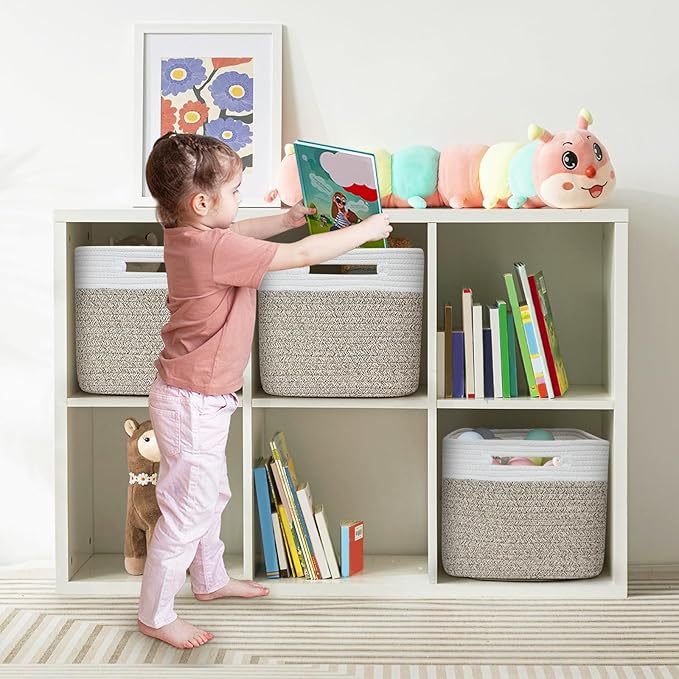 3 Pack Shelf Woven Storage Basket, 15 x 10 x 9” Closet Rope Baskets For Organizing, Square Bins with Handles, White+Rice Brown