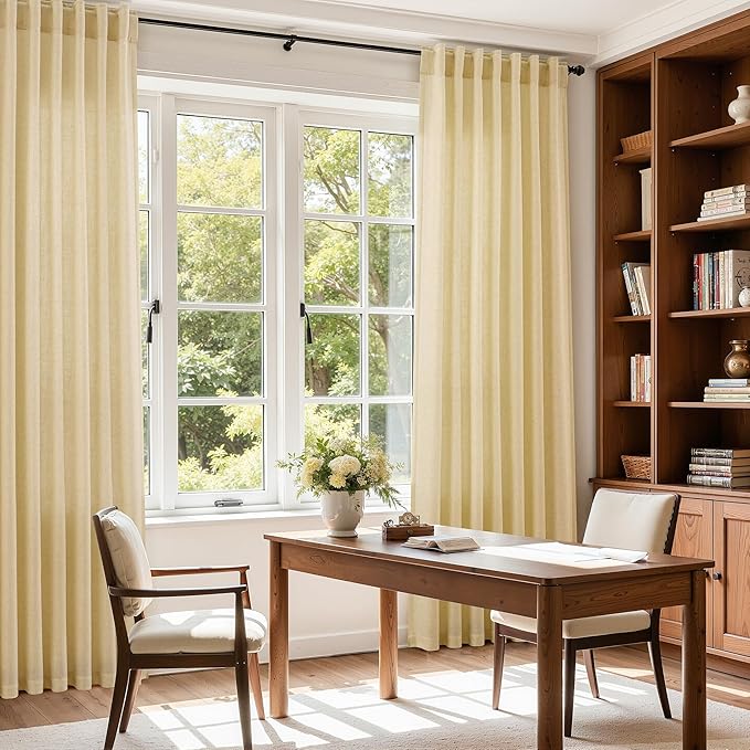Nanspring Cream Yellow Curtains 108 Inches Long for Living Room Linen Light Filtering Modern Farmhouse Sheer Curtains Back Tab Floor to Ceiling High Window Curtain for Bedroom Office 52x108, 2 Panels